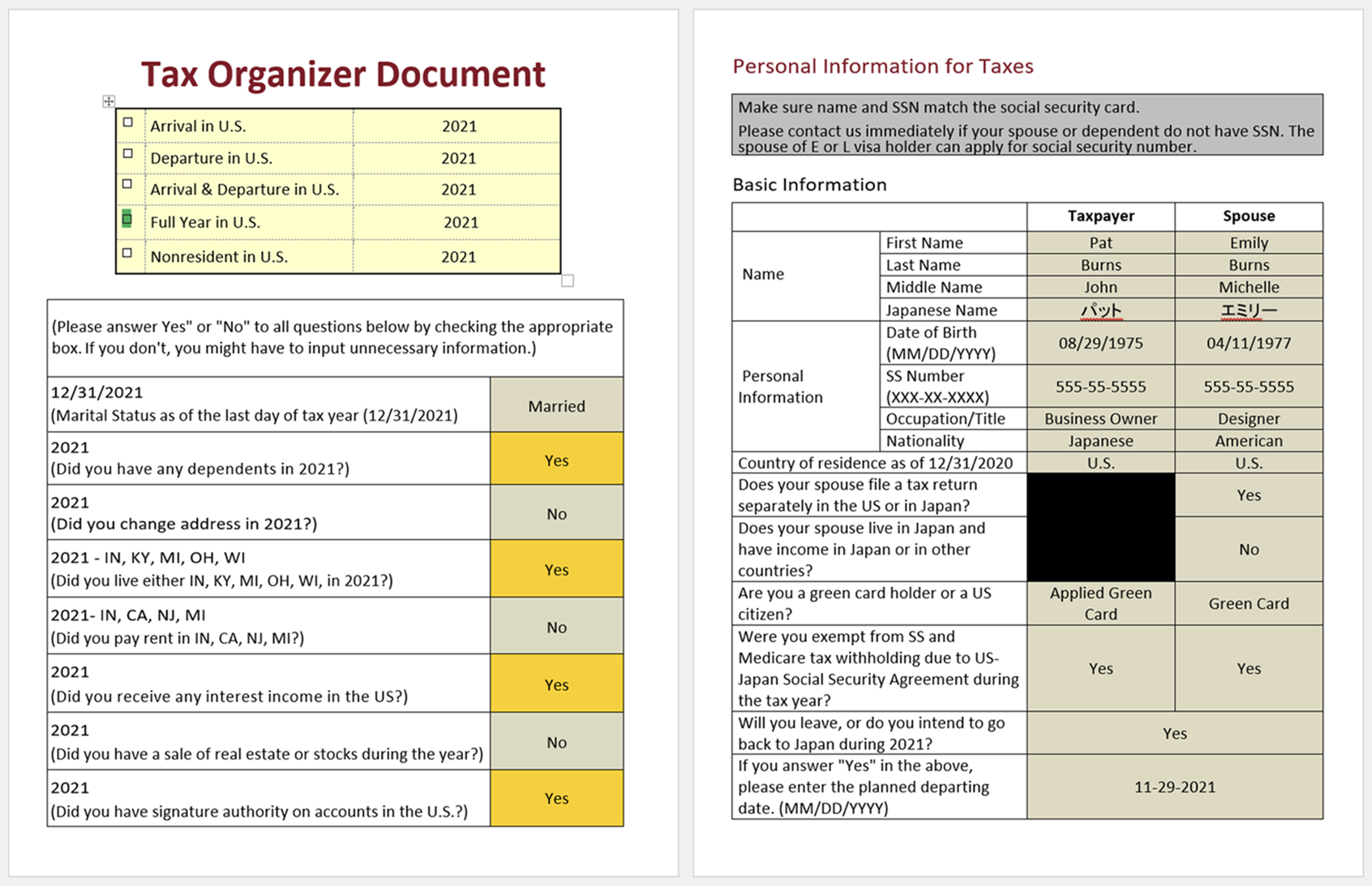 Tax organizer document created by the Forms2Docs rule-based document creation platform.